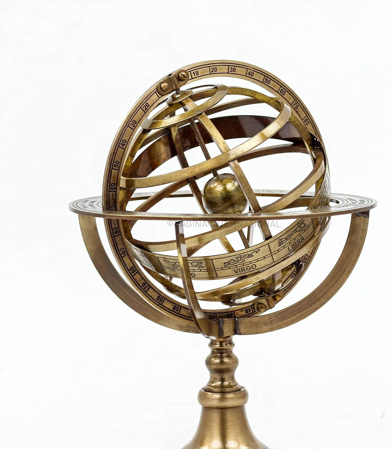 Antique Vintage Zodiac Armillary Brass Sphere Globe Wooden Display