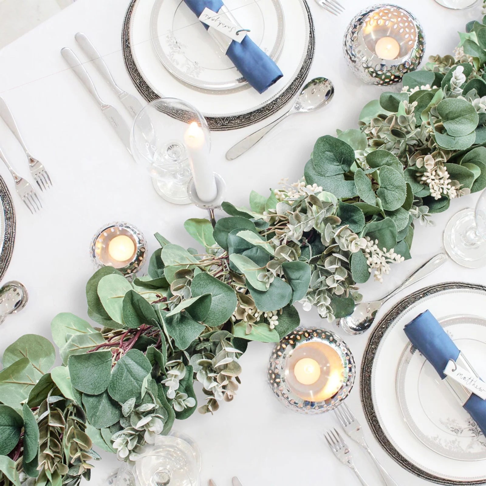 Eucalyptus Garland, 6.56 Ft Silver Dollar Leaves Boxwood with White Buds Artificial Faux Greenery Vines 
