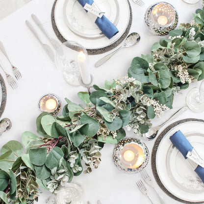 Eucalyptus Garland, 6.56 Ft Silver Dollar Leaves Boxwood with White Buds Artificial Faux Greenery Vines 