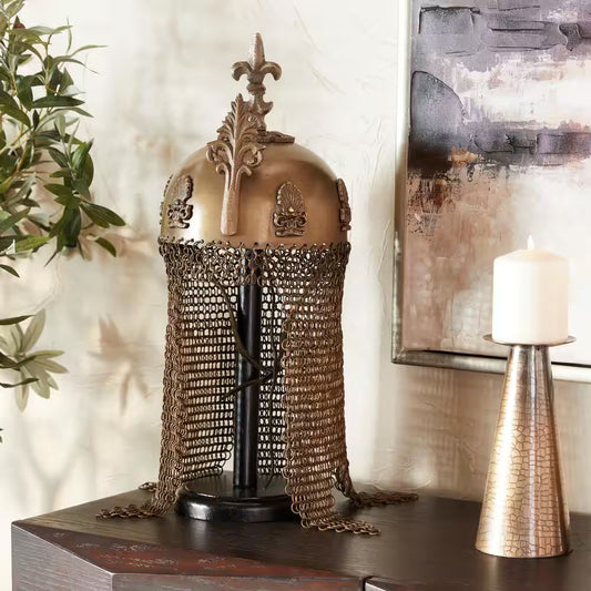 Brass Metal Replica Medieval Ottoman Islamic Helmet with Black Wood Stand and Chainmail