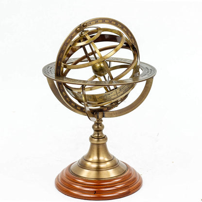 Antique Vintage Zodiac Armillary Brass Sphere Globe Wooden Display