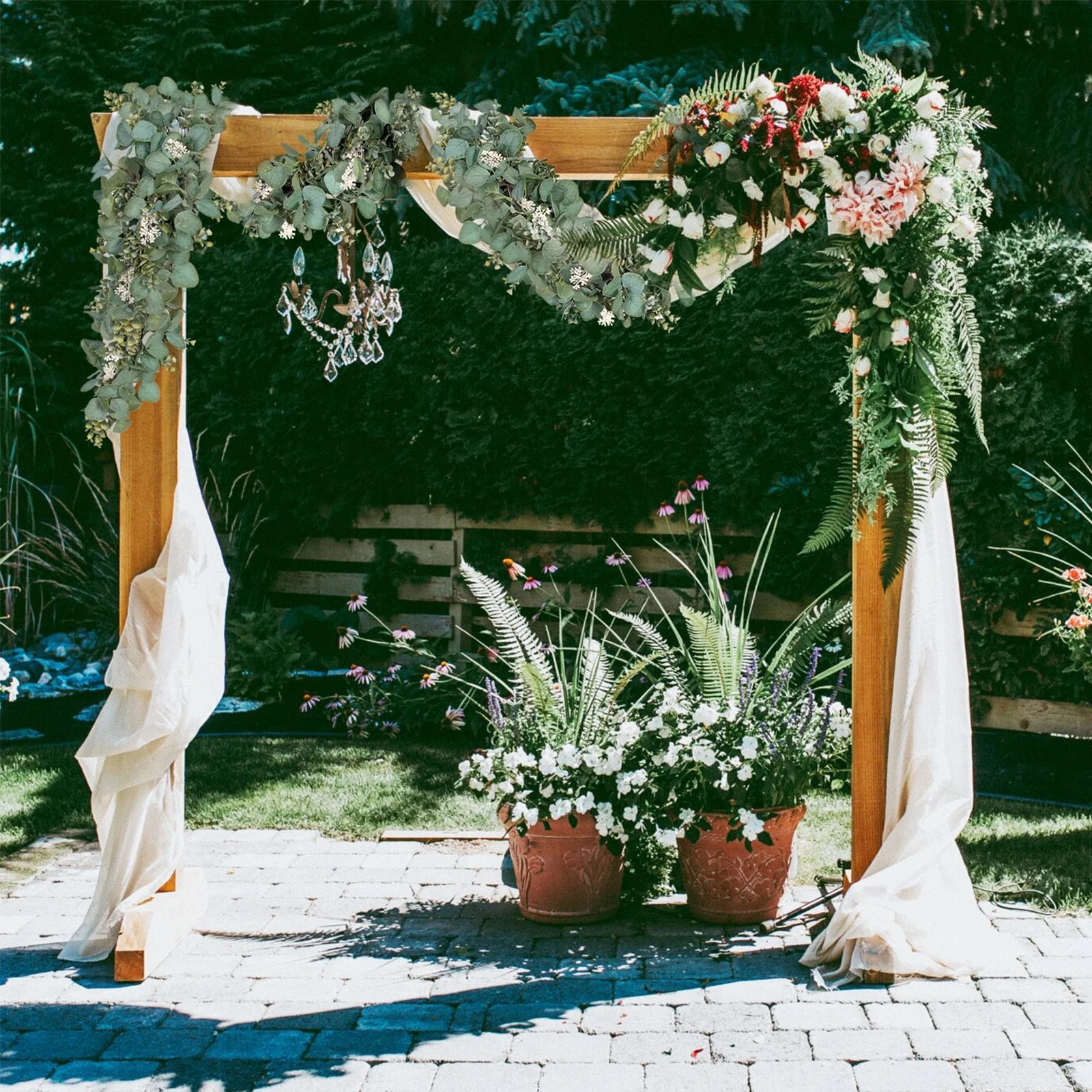 Eucalyptus Garland, 6.56 Ft Silver Dollar Leaves Boxwood with White Buds Artificial Faux Greenery Vines 