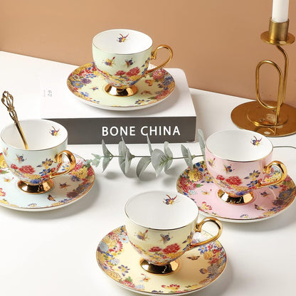3 Piece Vintage Porcelain Coffee Cup Set, Floral Tea Cup Set with Gold Trim