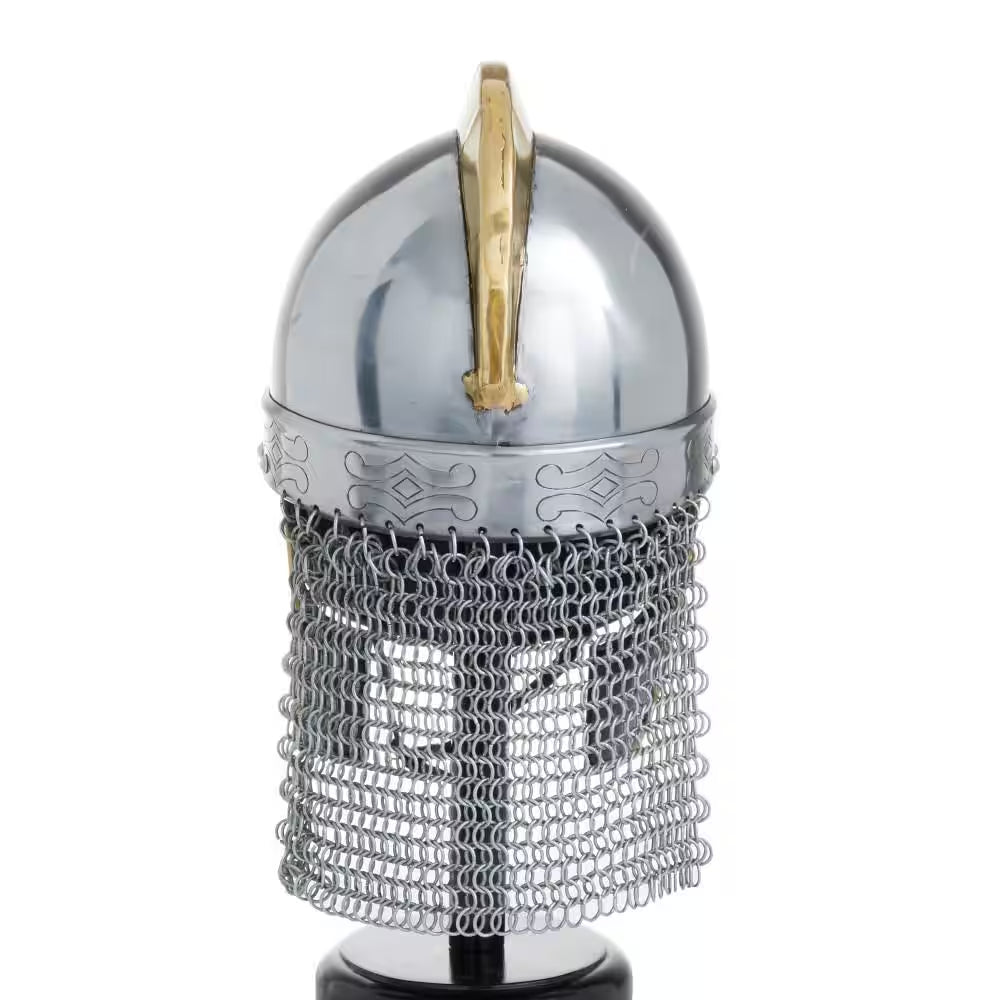 Silver Metal Replica Medieval Knight Crusader Helmet with Black Wood Stand and Chainmail