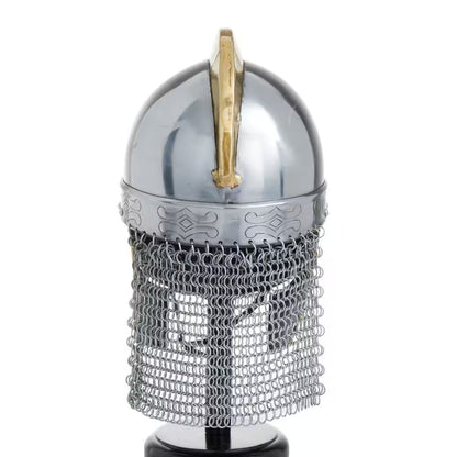 Silver Metal Replica Medieval Knight Crusader Helmet with Black Wood Stand and Chainmail