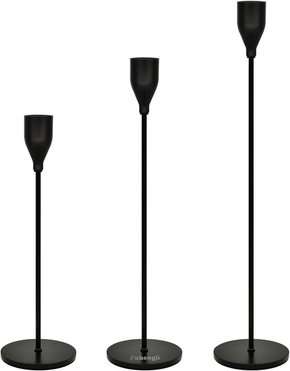 Candle Stick Holders Set of 3, Metal Taper Candle Stands Set- Black