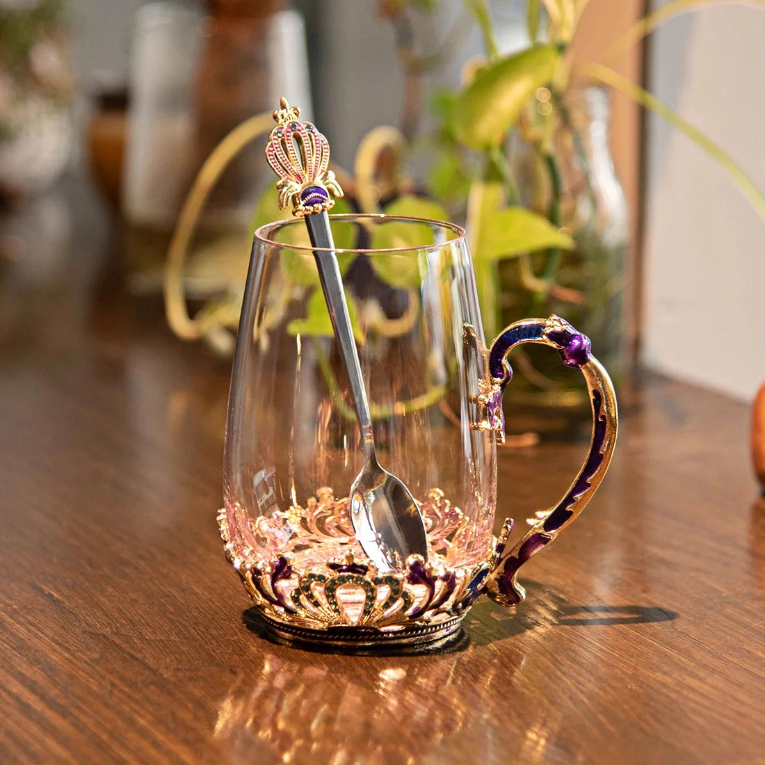 Enamel Tea Cup Glass Coffee Cup Handmade Rose Tea Cup with Stainless Steel Spoon Set
