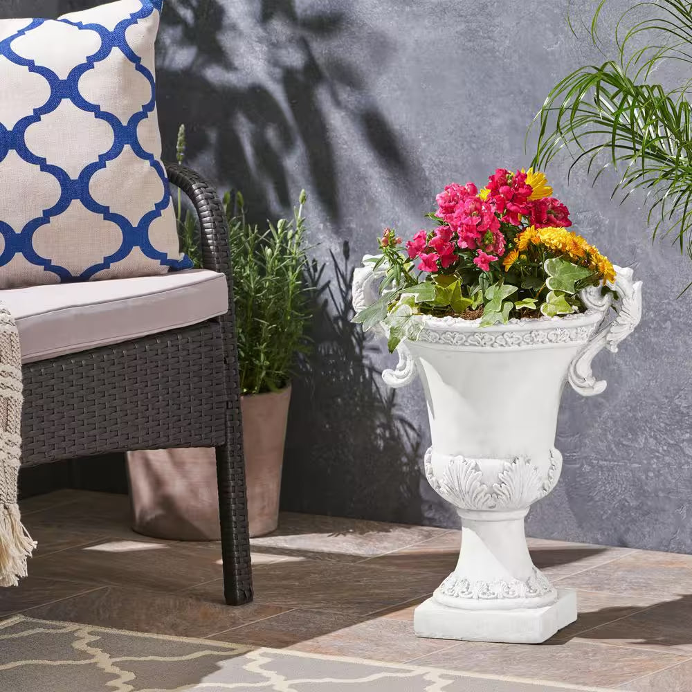Elegant Style 15.50 In. W X 19.25 In. H Antique White Concrete Garden Urn Planter, Functional, Weather & Water Resistant