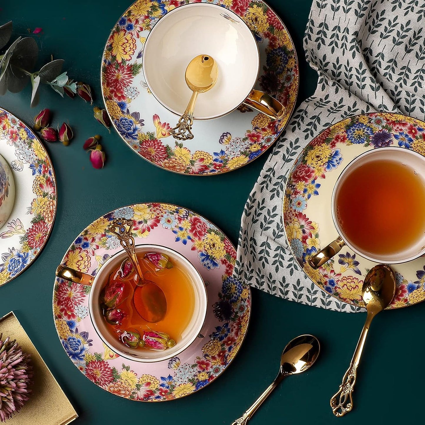 3 Piece Vintage Porcelain Coffee Cup Set, Floral Tea Cup Set with Gold Trim