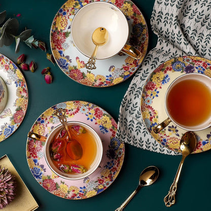 3 Piece Vintage Porcelain Coffee Cup Set, Floral Tea Cup Set with Gold Trim