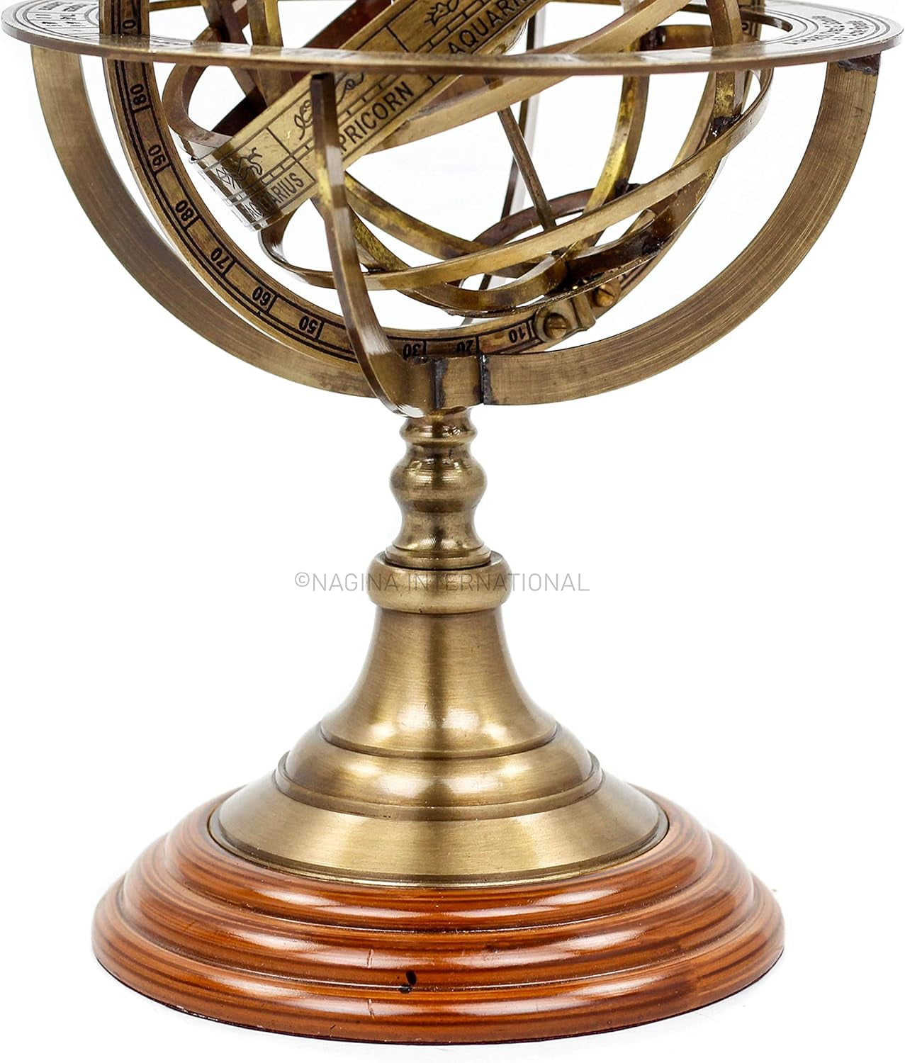Antique Vintage Zodiac Armillary Brass Sphere Globe Wooden Display