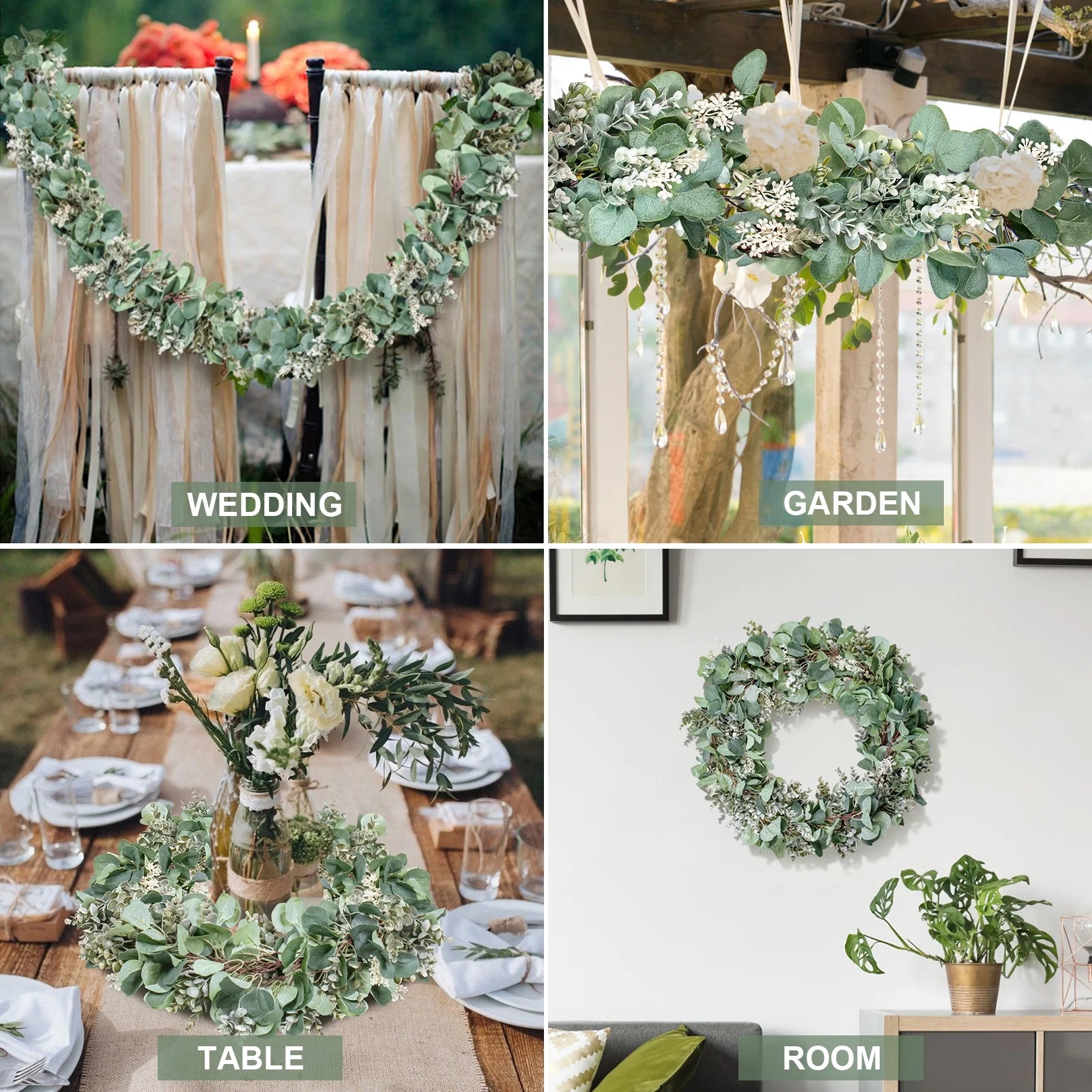 Eucalyptus Garland, 6.56 Ft Silver Dollar Leaves Boxwood with White Buds Artificial Faux Greenery Vines 