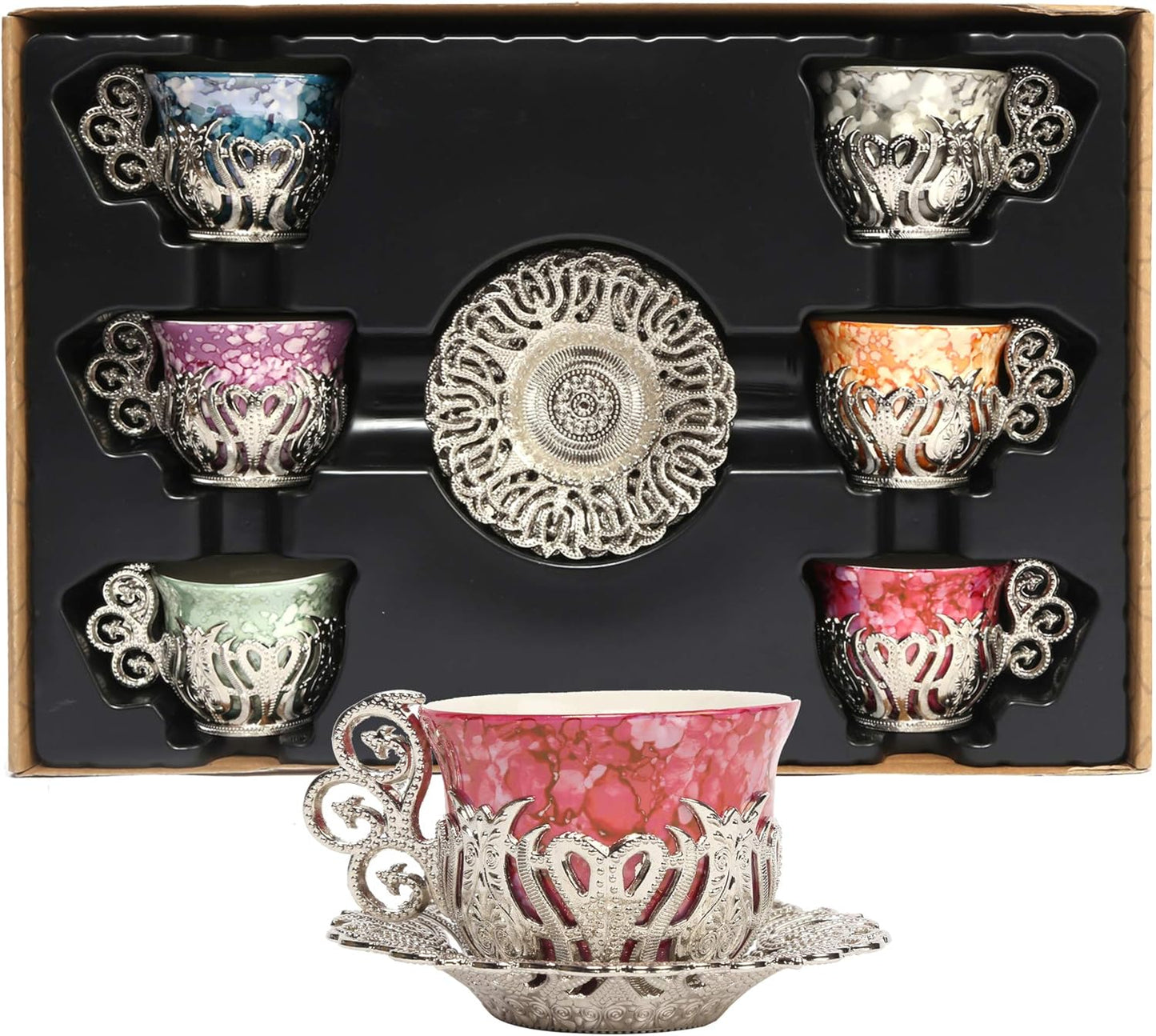 12 Pc Turkish Greek Arabic Coffee Espresso Cup Saucer Porcelain Set (Silver)