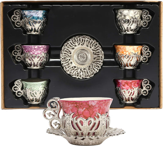 12 Pc Turkish Greek Arabic Coffee Espresso Cup Saucer Porcelain Set (Silver)