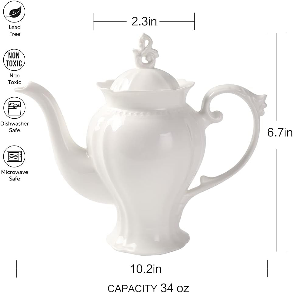 Fine Porcelain Ultra White English Teapot, Coffee Pot, Victoria Style, Light Weight, 37 Oz