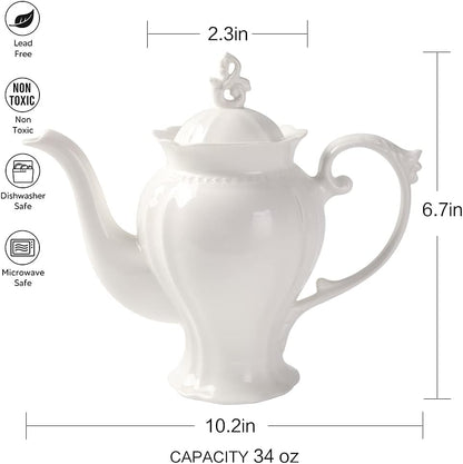 Fine Porcelain Ultra White English Teapot, Coffee Pot, Victoria Style, Light Weight, 37 Oz