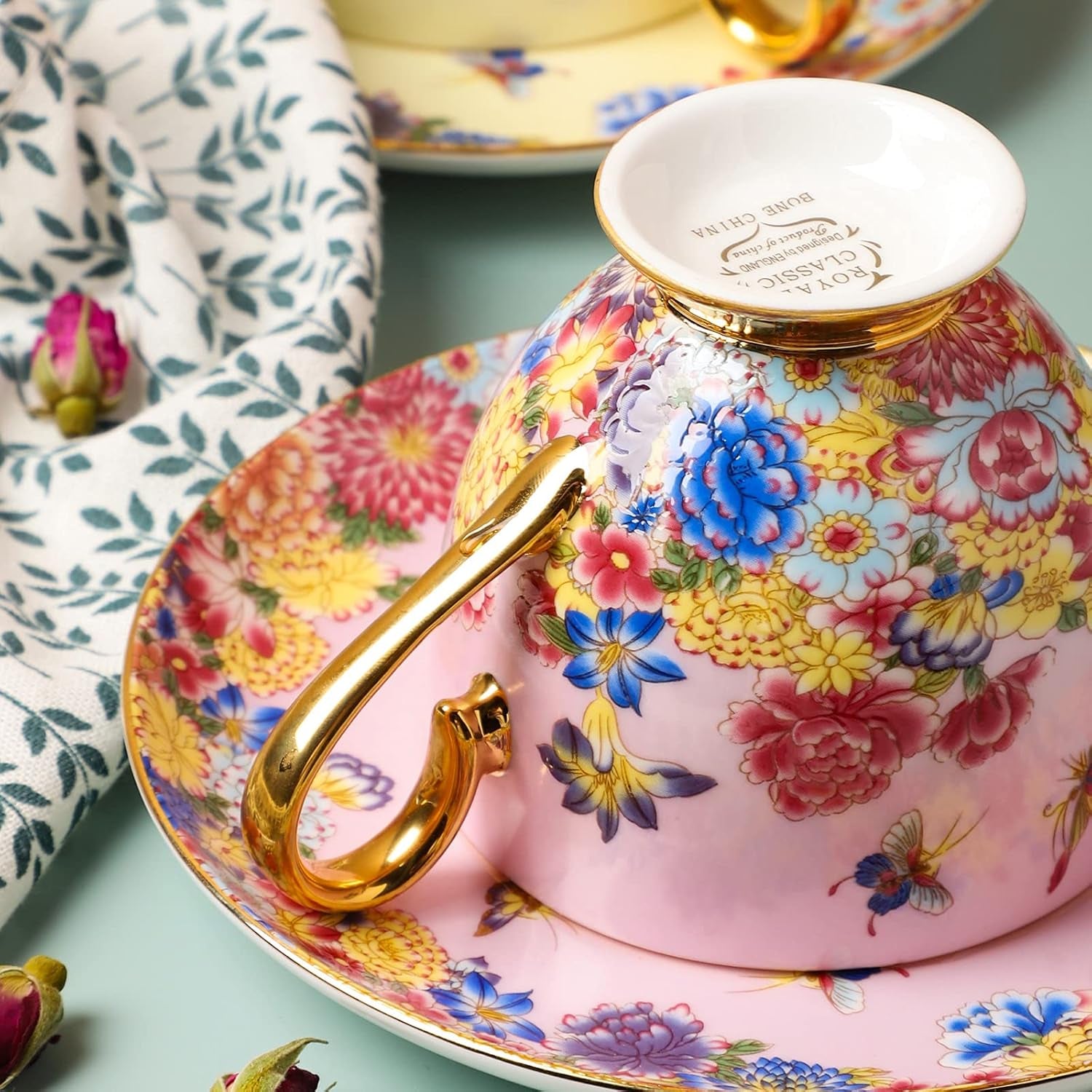 3 Piece Vintage Porcelain Coffee Cup Set, Floral Tea Cup Set with Gold Trim