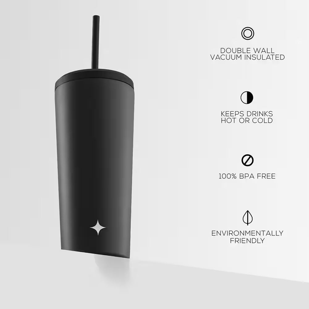 20 Oz. Black Vacuum Insulated Stainless Steel Tumbler with Flip Lid and Straw Lid 