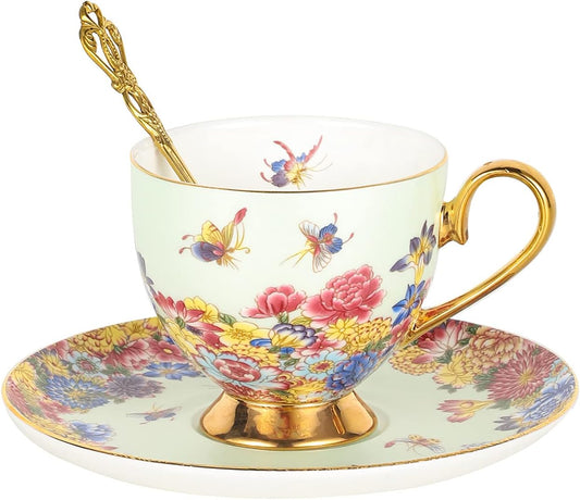 3 Piece Vintage Porcelain Coffee Cup Set, Floral Tea Cup Set with Gold Trim