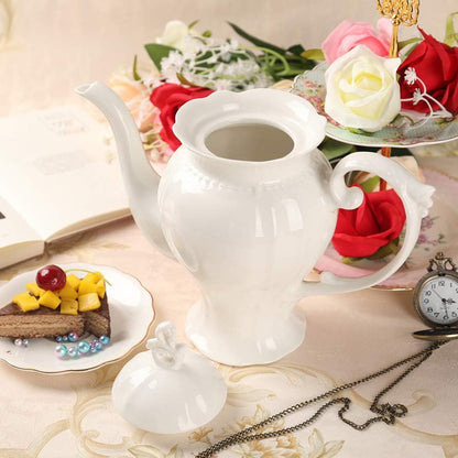 Fine Porcelain Ultra White English Teapot, Coffee Pot, Victoria Style, Light Weight, 37 Oz