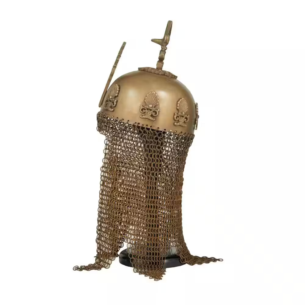 Brass Metal Replica Medieval Ottoman Islamic Helmet with Black Wood Stand and Chainmail