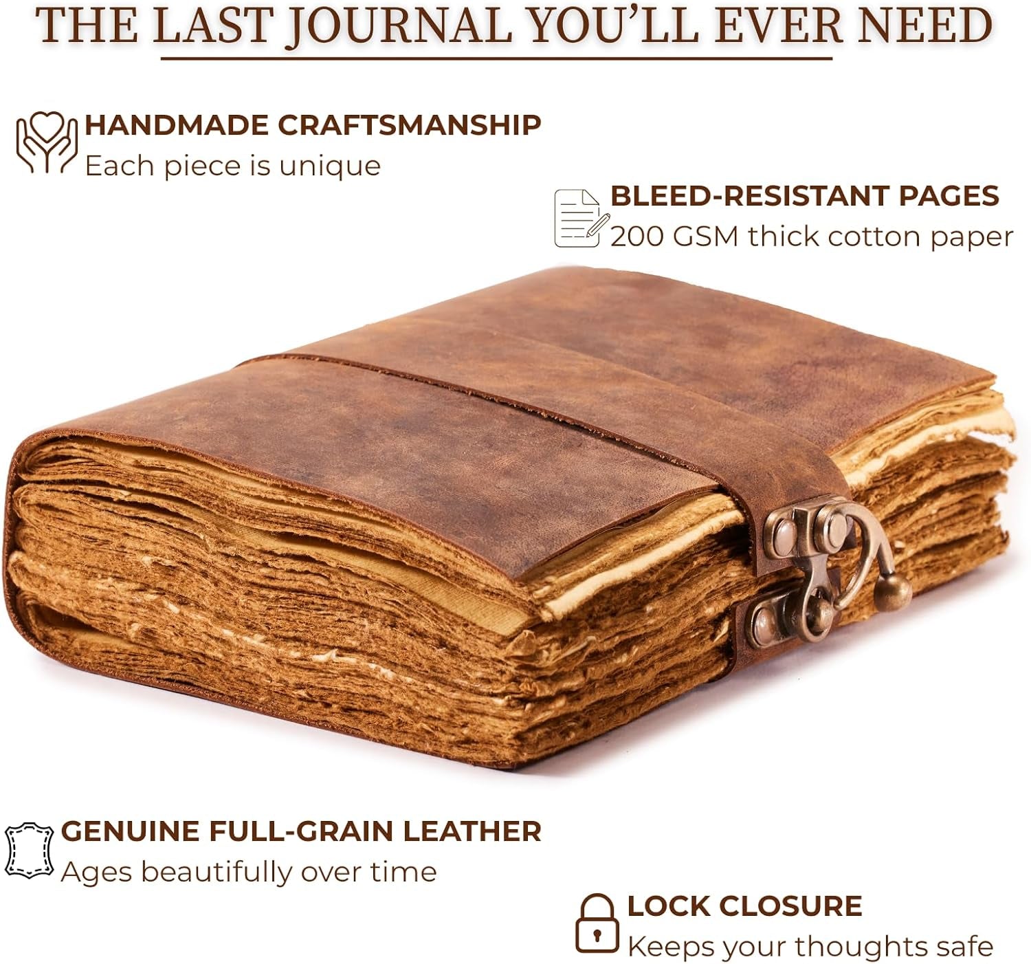 Vintage Leather Journal - Lock Closure Vintage Journal 240 Pages Antique Deckle Edge Paper
