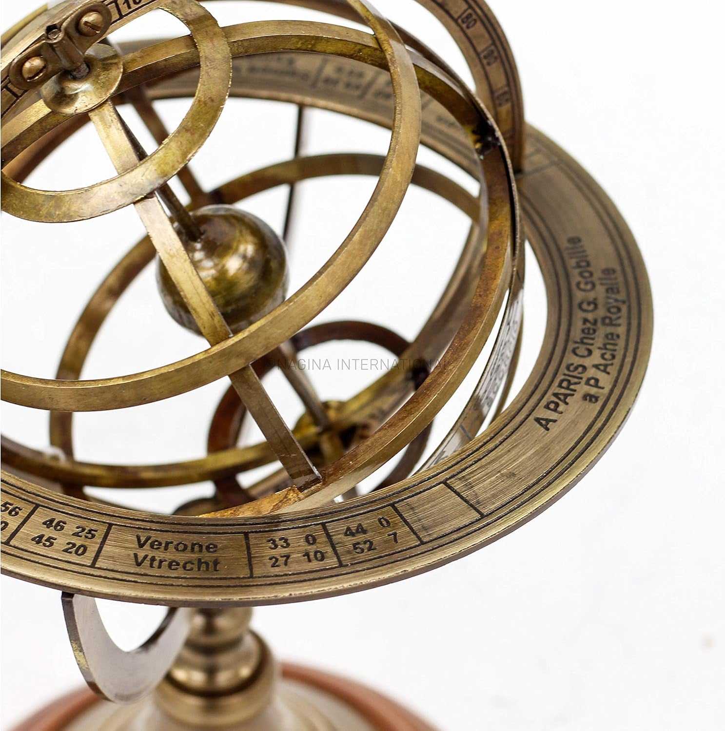 Antique Vintage Zodiac Armillary Brass Sphere Globe Wooden Display