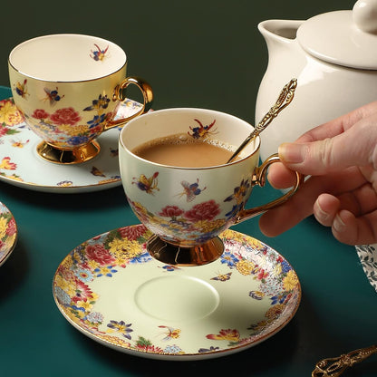 3 Piece Vintage Porcelain Coffee Cup Set, Floral Tea Cup Set with Gold Trim