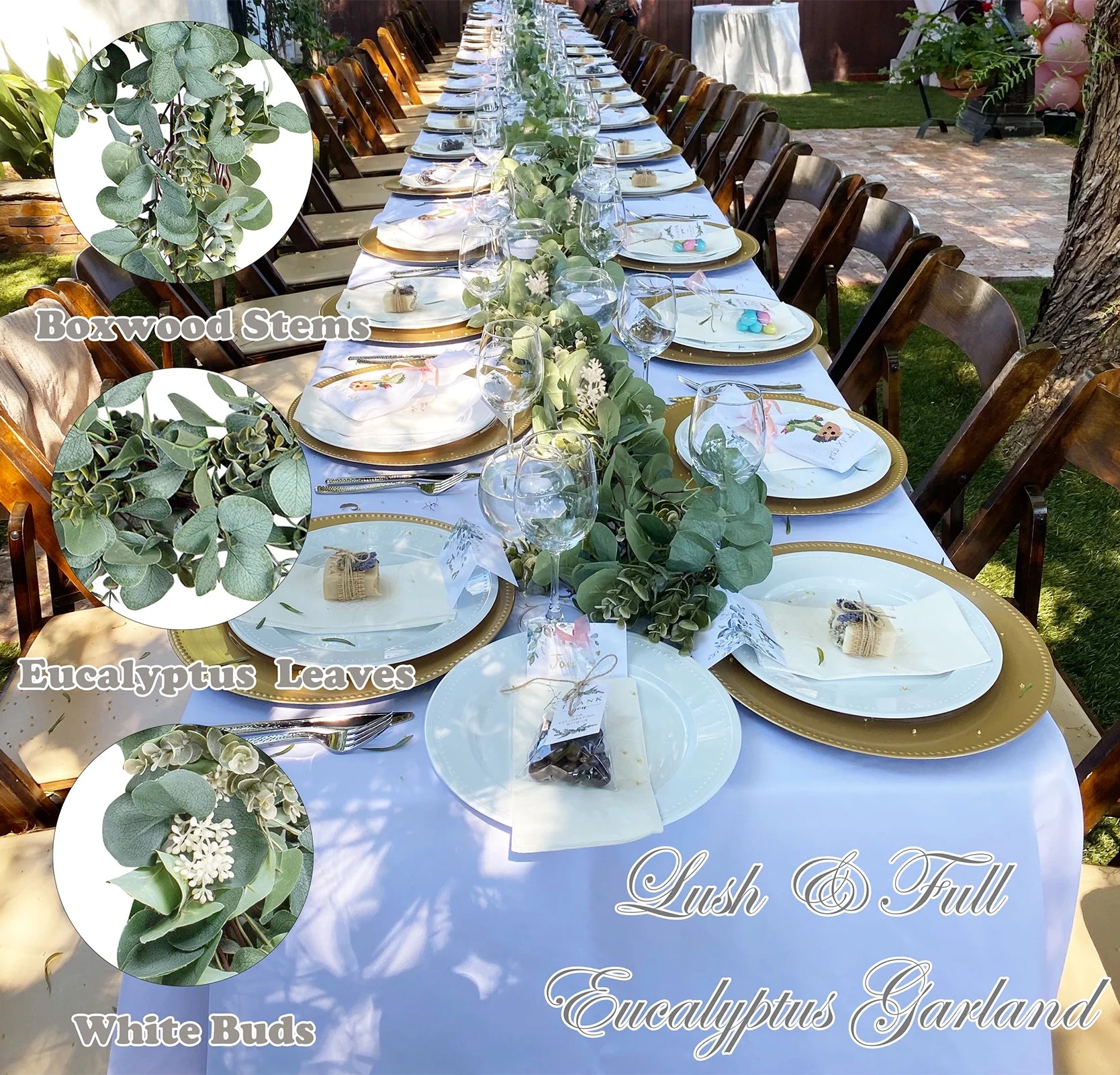 Eucalyptus Garland, 6.56 Ft Silver Dollar Leaves Boxwood with White Buds Artificial Faux Greenery Vines 