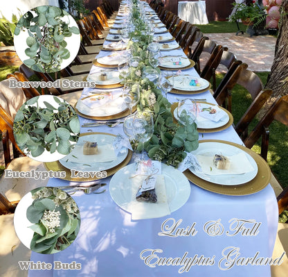 Eucalyptus Garland, 6.56 Ft Silver Dollar Leaves Boxwood with White Buds Artificial Faux Greenery Vines 