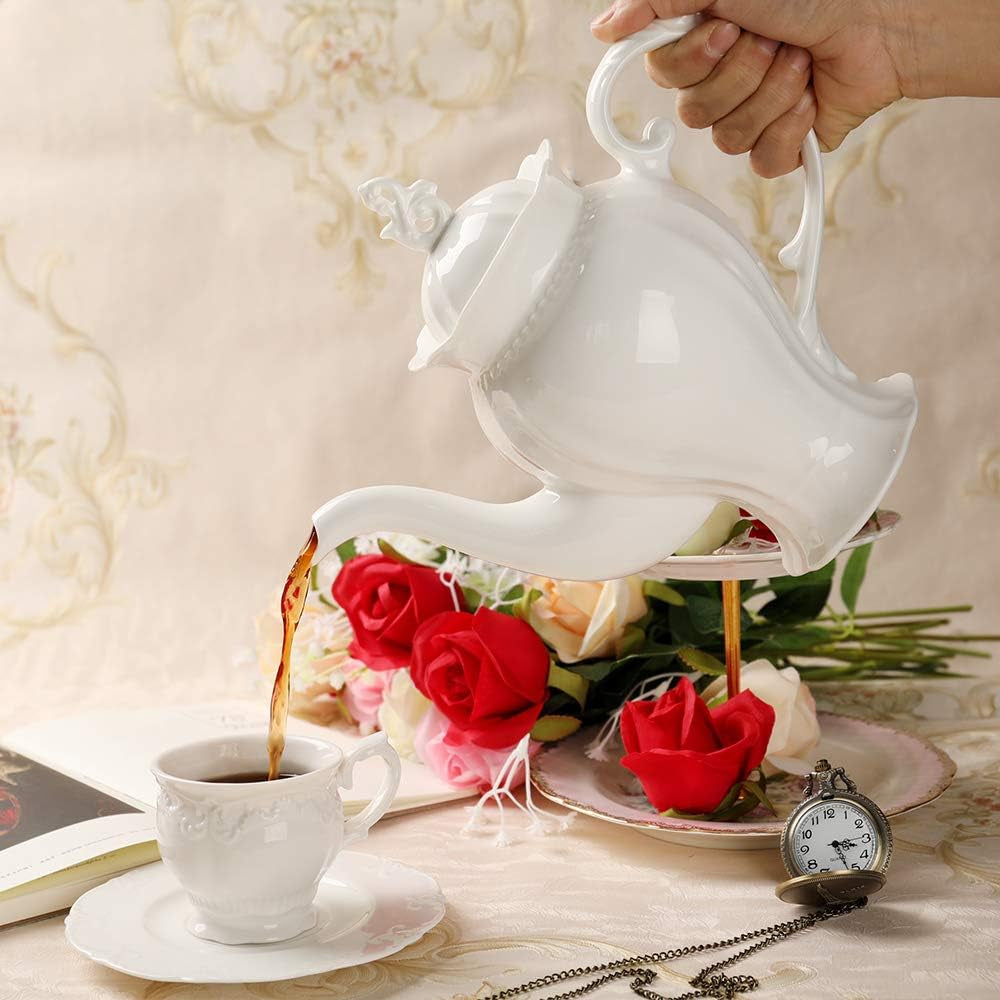 Fine Porcelain Ultra White English Teapot, Coffee Pot, Victoria Style, Light Weight, 37 Oz