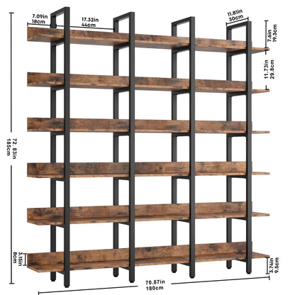 Bookcase and Bookshelves Triple Wide 6-Tiers Large Open Shelves with Back Fence for Home Office Decor