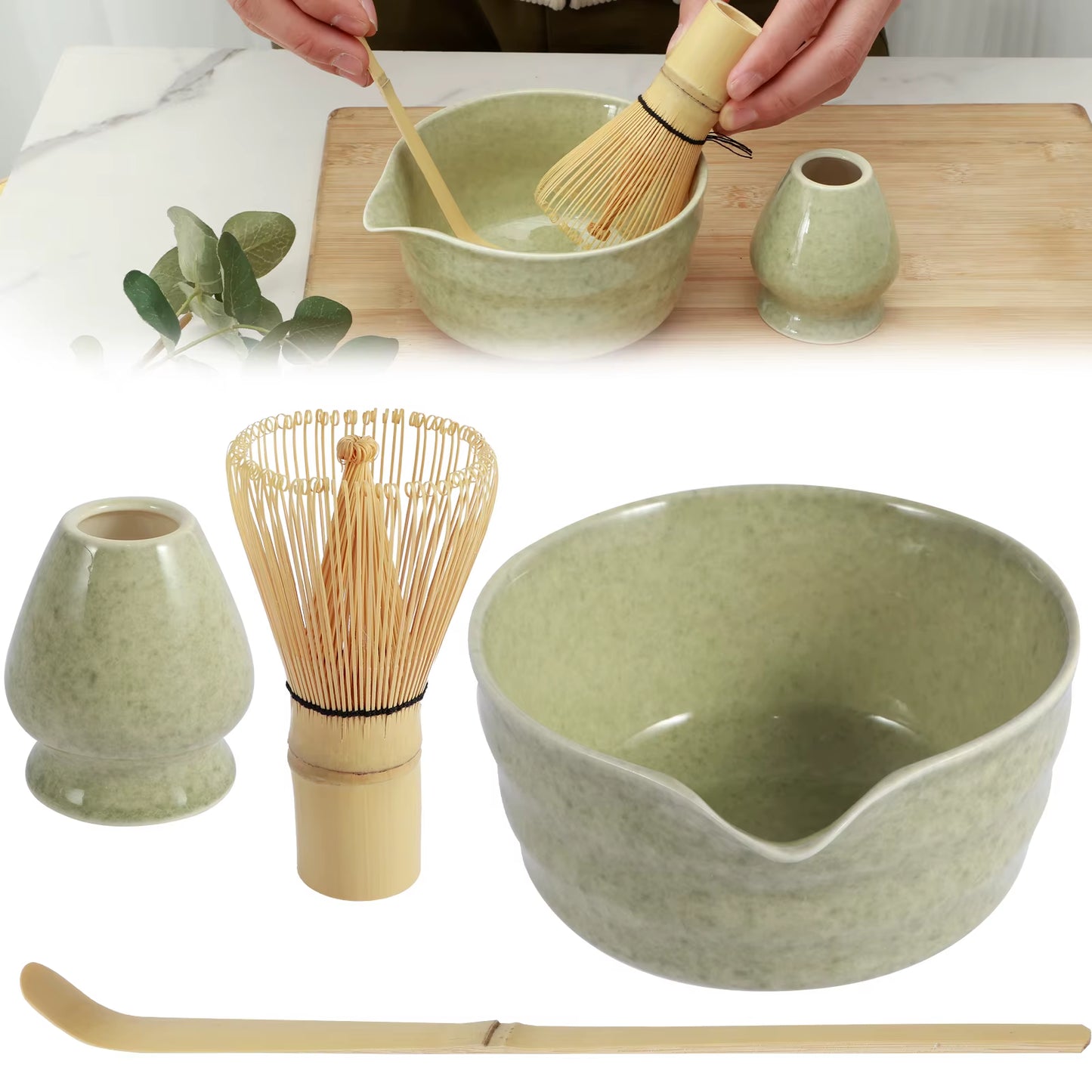 4Pcs Japanese Matcha Set with Ceramic Bowl Bamboo Matcha Whisk and Tea Scoop 