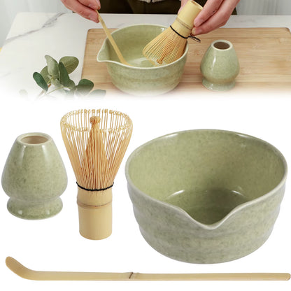 4Pcs Japanese Matcha Set with Ceramic Bowl Bamboo Matcha Whisk and Tea Scoop 