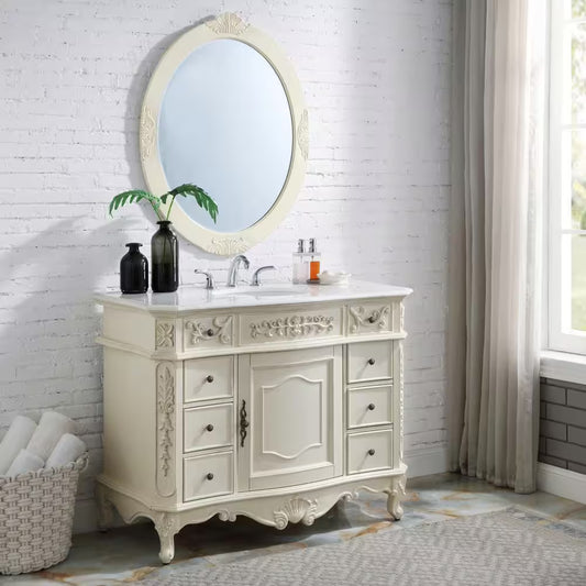 Single Sink Freestanding Bath Vanity in Antique White with White Marble Top