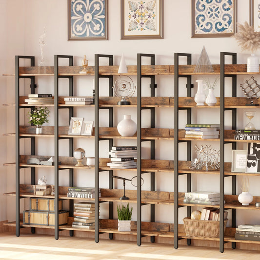 Bookcase and Bookshelves Triple Wide 6-Tiers Large Open Shelves with Back Fence for Home Office Decor