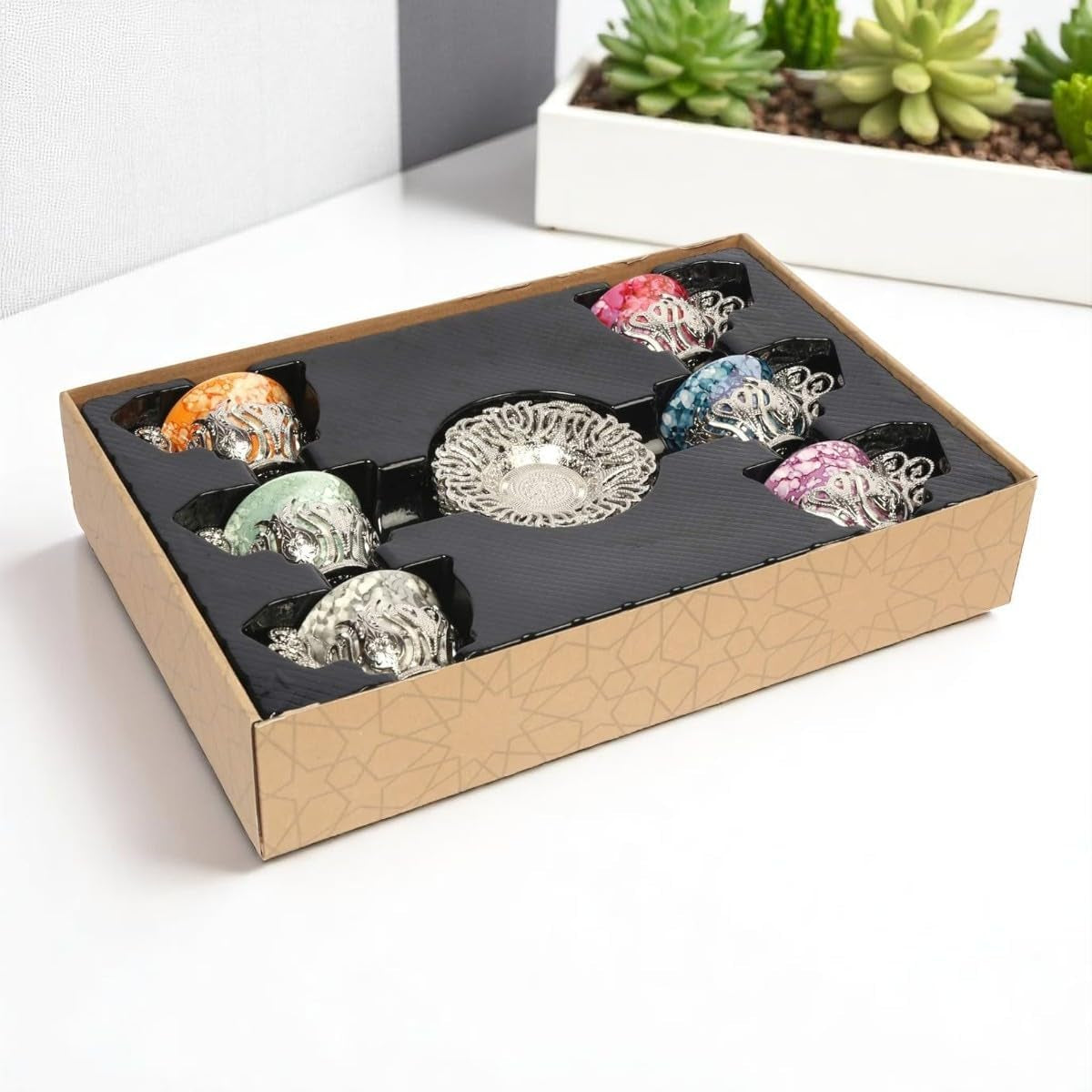 12 Pc Turkish Greek Arabic Coffee Espresso Cup Saucer Porcelain Set (Silver)