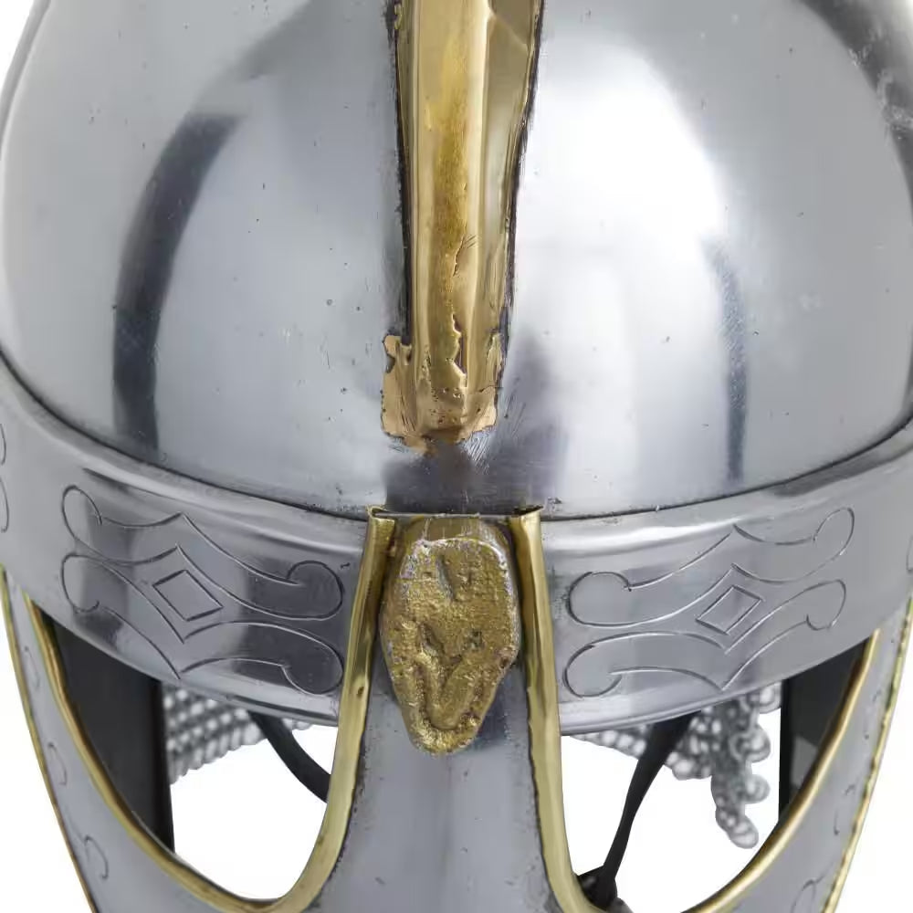 Silver Metal Replica Medieval Knight Crusader Helmet with Black Wood Stand and Chainmail