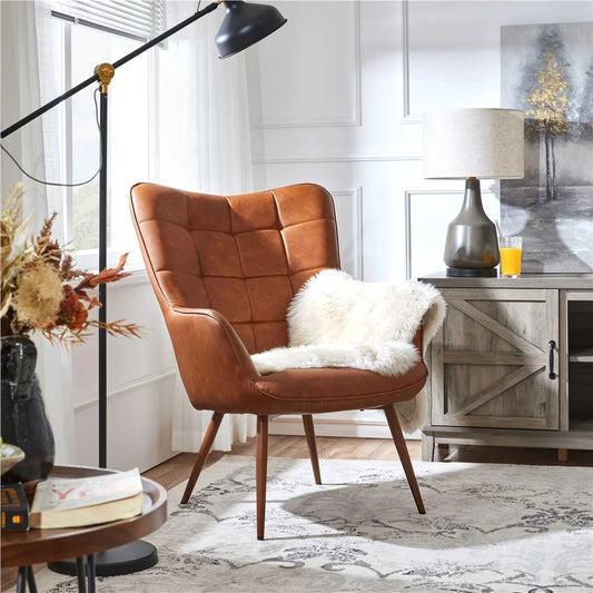 Faux Leather Wingback Accent Chair, Brown