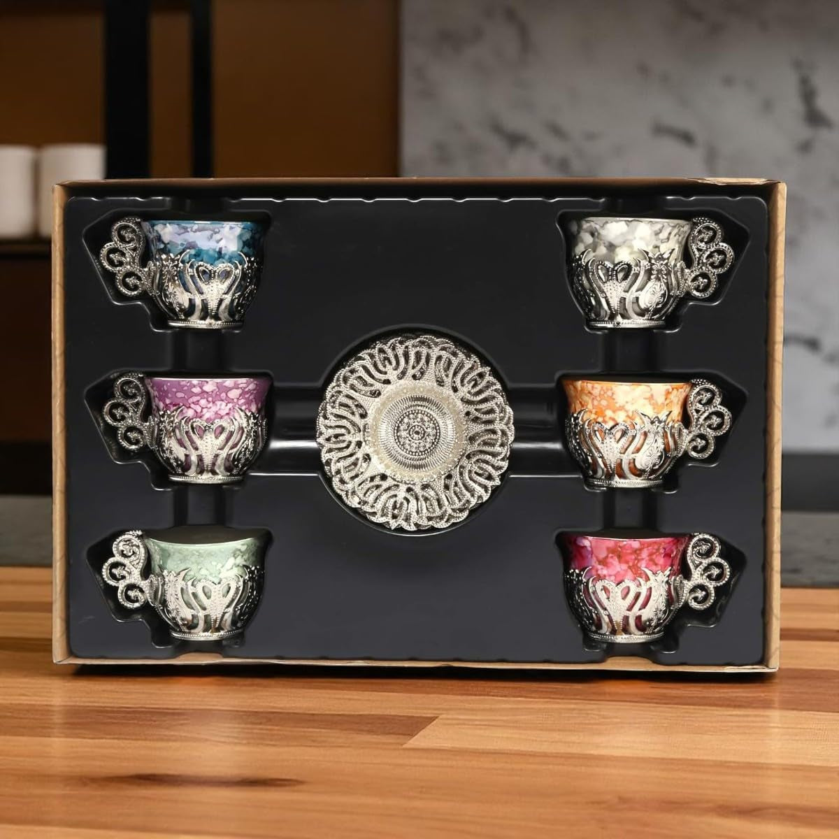12 Pc Turkish Greek Arabic Coffee Espresso Cup Saucer Porcelain Set (Silver)