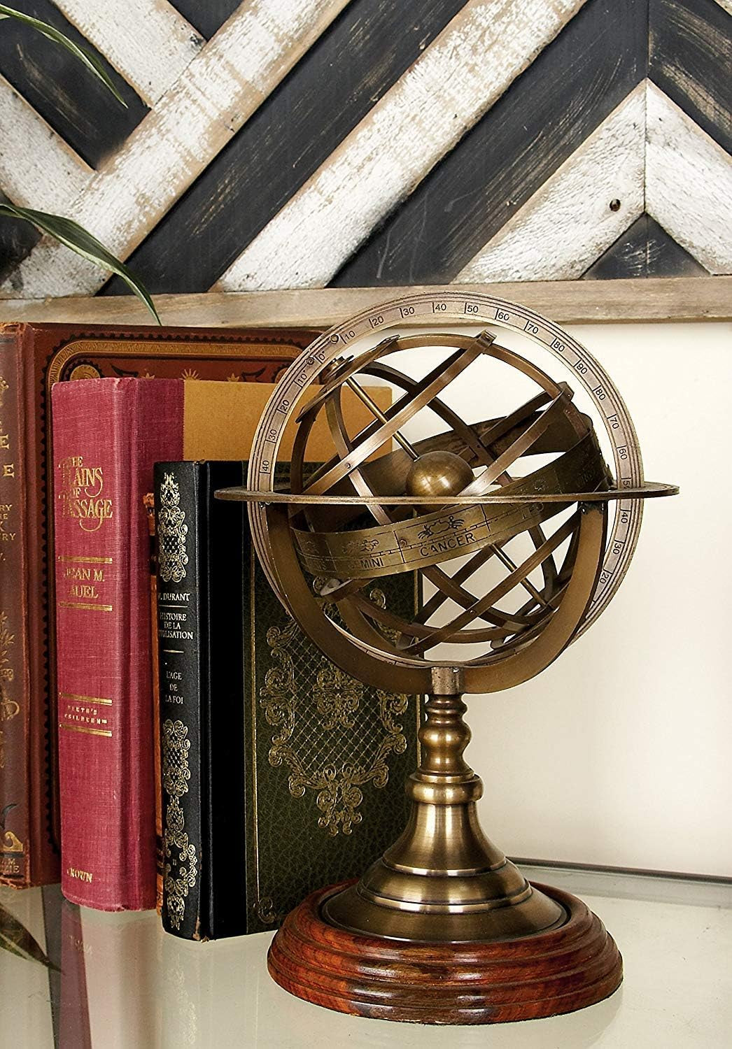 Antique Vintage Zodiac Armillary Brass Sphere Globe Wooden Display