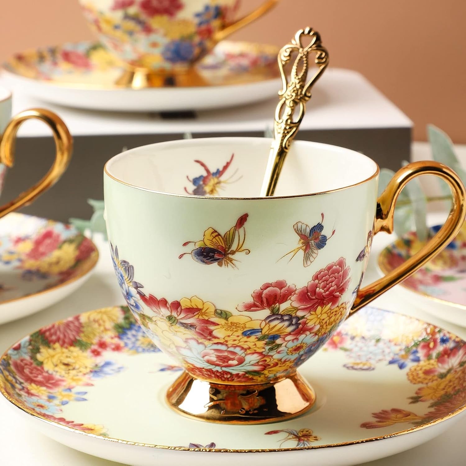 3 Piece Vintage Porcelain Coffee Cup Set, Floral Tea Cup Set with Gold Trim