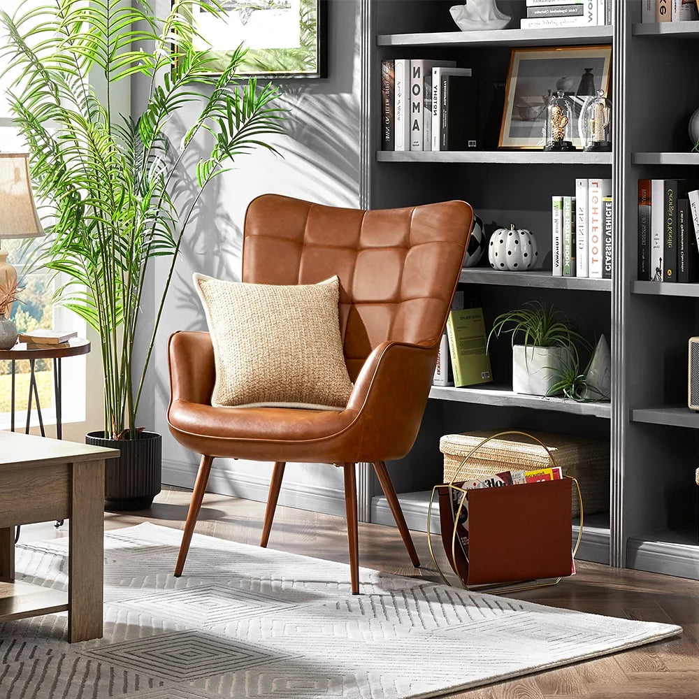 Faux Leather Wingback Accent Chair, Brown